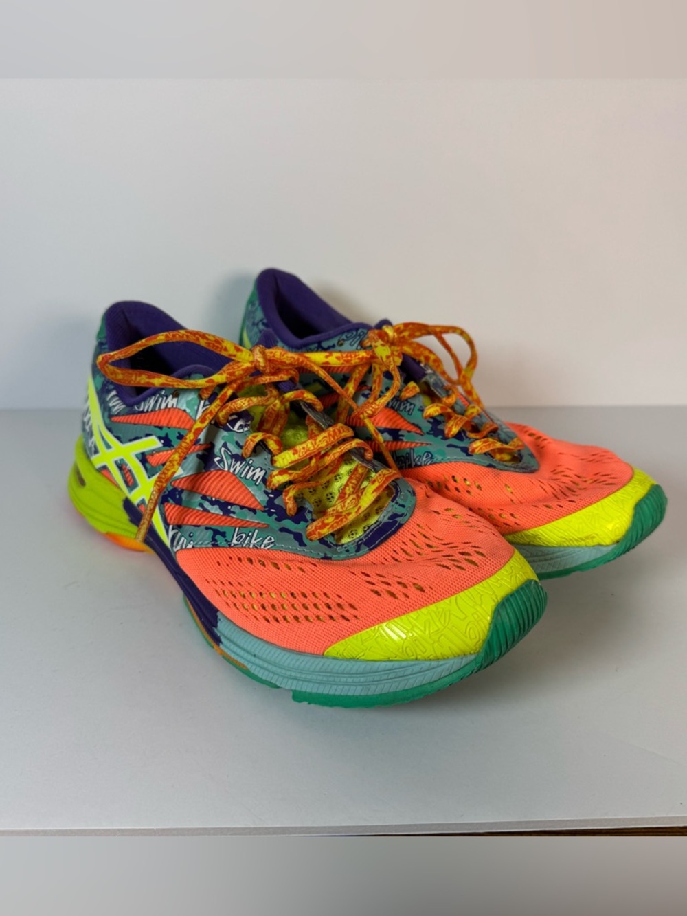 ASICS athletic running shoes bright colorful bike swim graphics 7.5